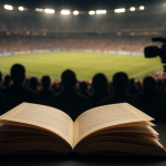 Open book with blurry audience in a stadium background.