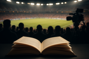 Open book with blurry audience in a stadium background.