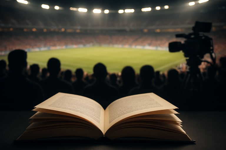 Open book with blurry audience in a stadium background.