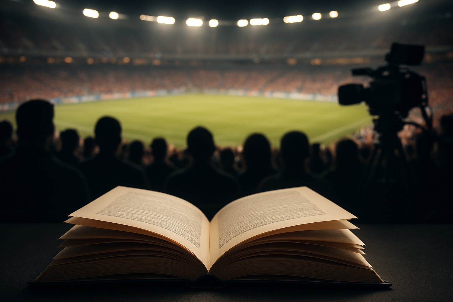 Open book with blurry audience in a stadium background.