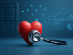 3D rendered digital heart with a stethoscope in a tech-themed background
