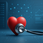 3D rendered digital heart with a stethoscope in a tech-themed background