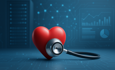 3D rendered digital heart with a stethoscope in a tech-themed background
