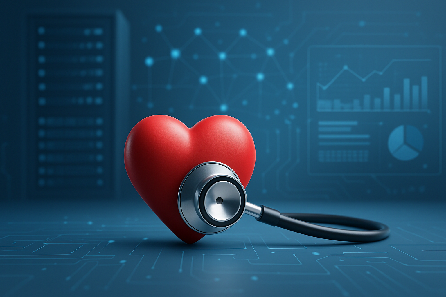 3D rendered digital heart with a stethoscope in a tech-themed background
